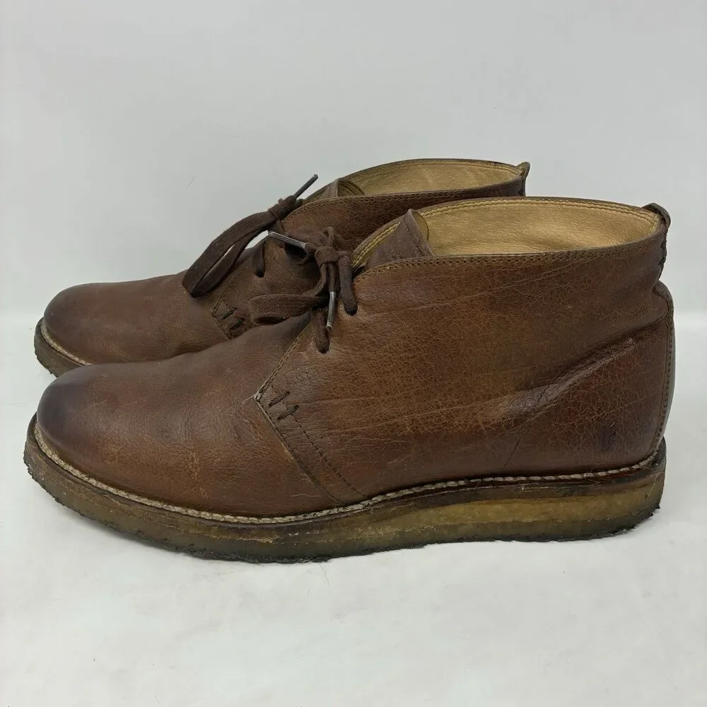 Frye Phillip Crepe Chukka Boots Brown Leather Mens Size 10D With Lace-Up Closure